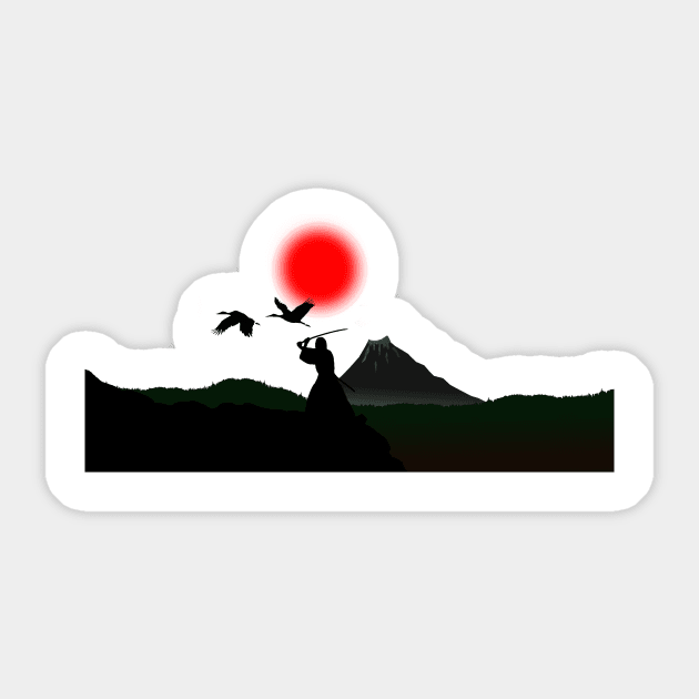 Samurai, crane and Fujiyama Sticker by DrTigrou